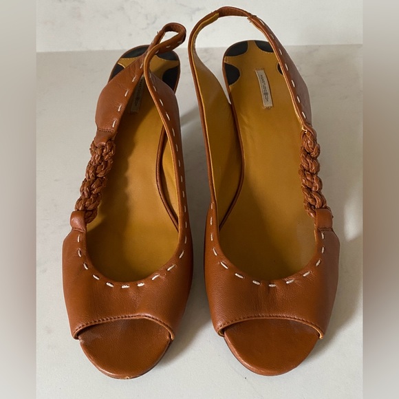 Max Studio Kylie 2 Cognac Leather Braided Slingback Open Peep Toe Heels Shoes 8 - Picture 6 of 9
